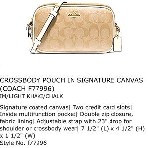NWT COACH F77996 Crossbody Pouch Signature Canvas -Light Khaki/Chalk